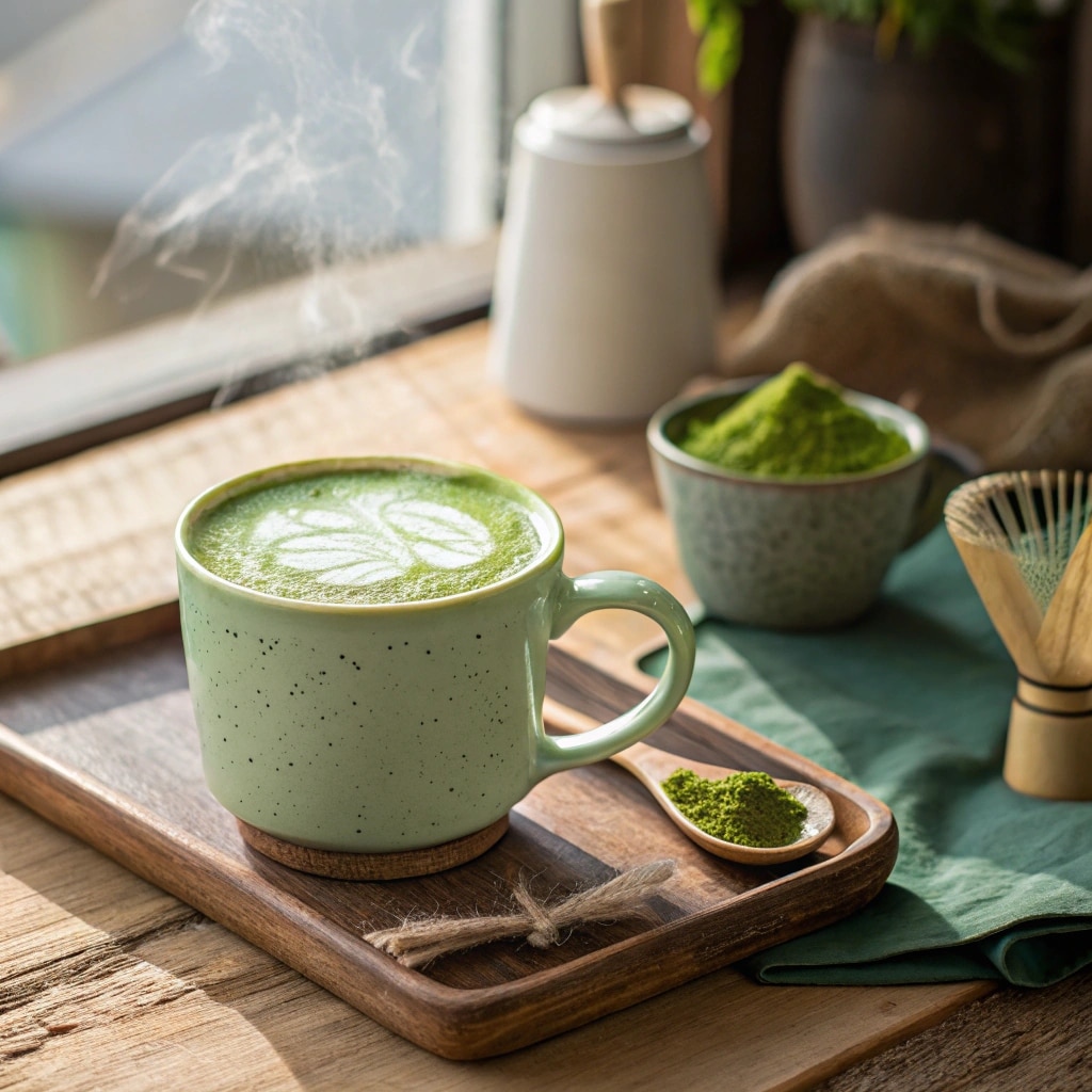 calories matcha green tea latte in ceramic mug