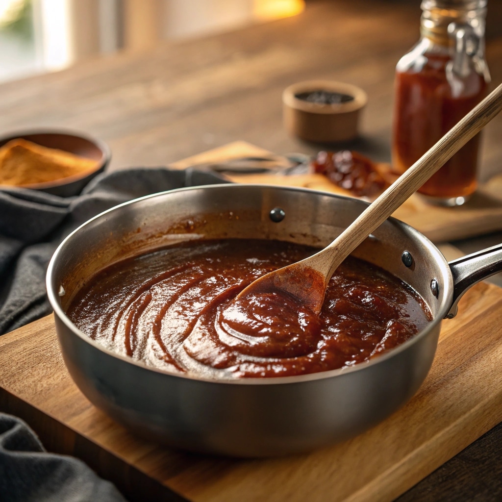 Simmering honey BBQ sauce recipe in saucepan