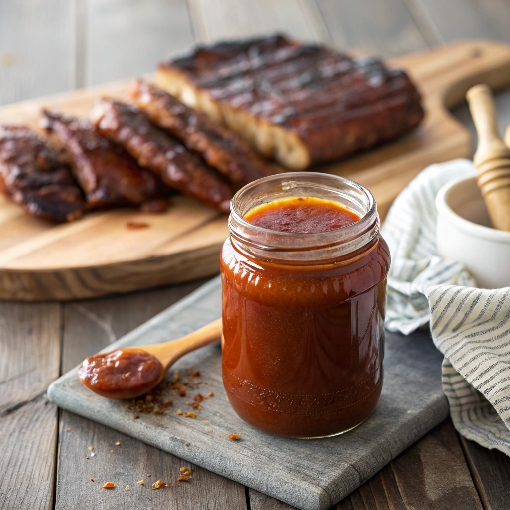 Honey BBQ sauce recipe jar with grill in background