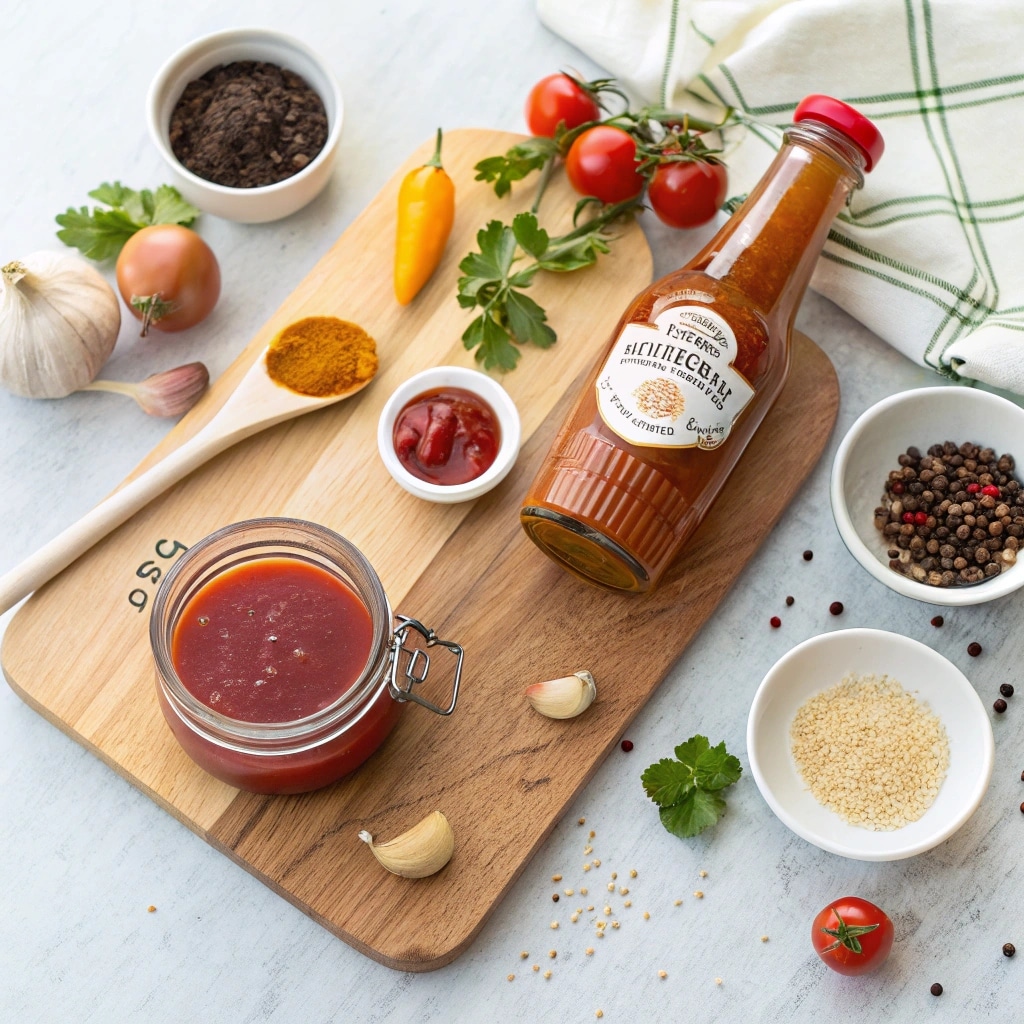 Ingredients for honey BBQ sauce recipe displayed on a board