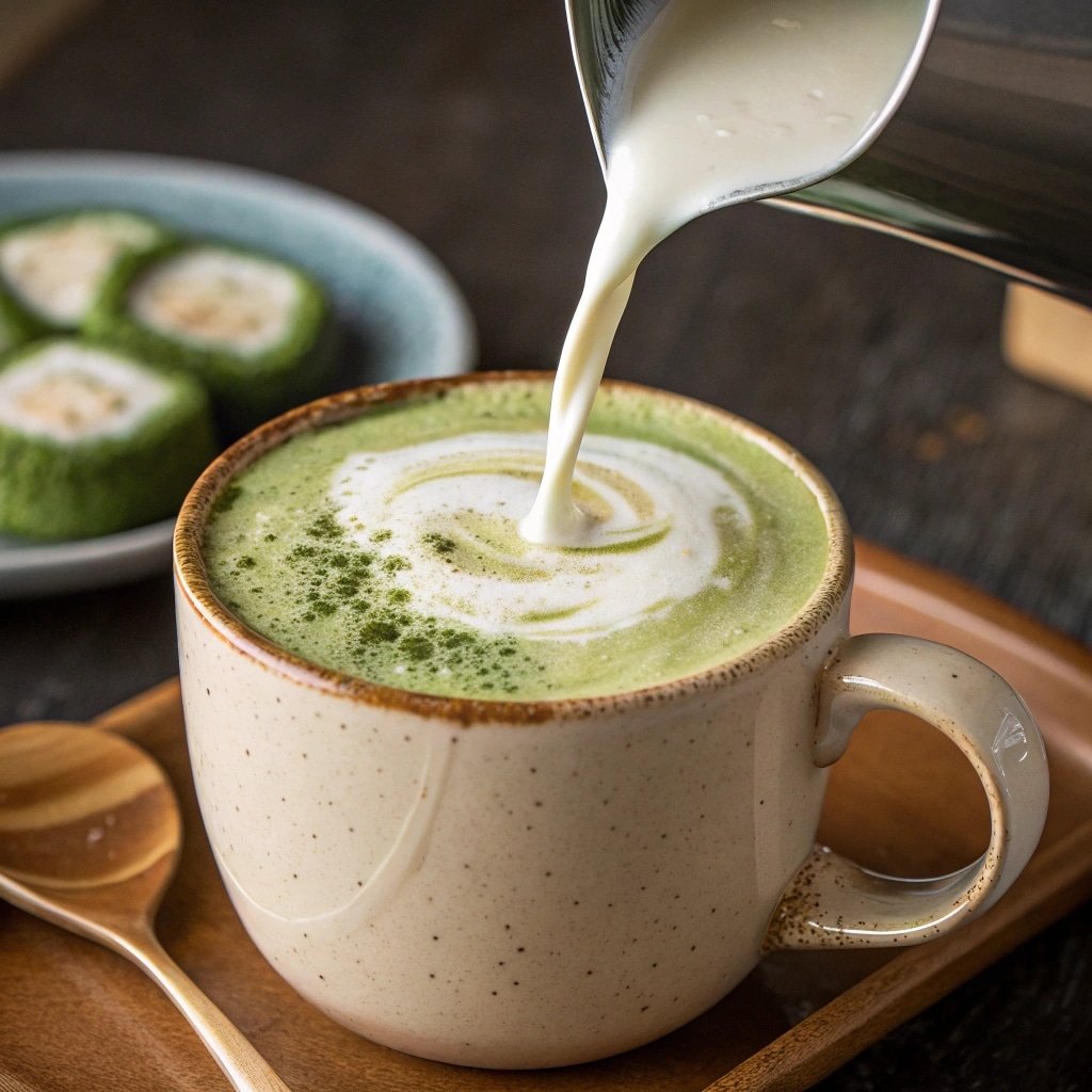 Served matcha green tea chai latte with cinnamon on the side