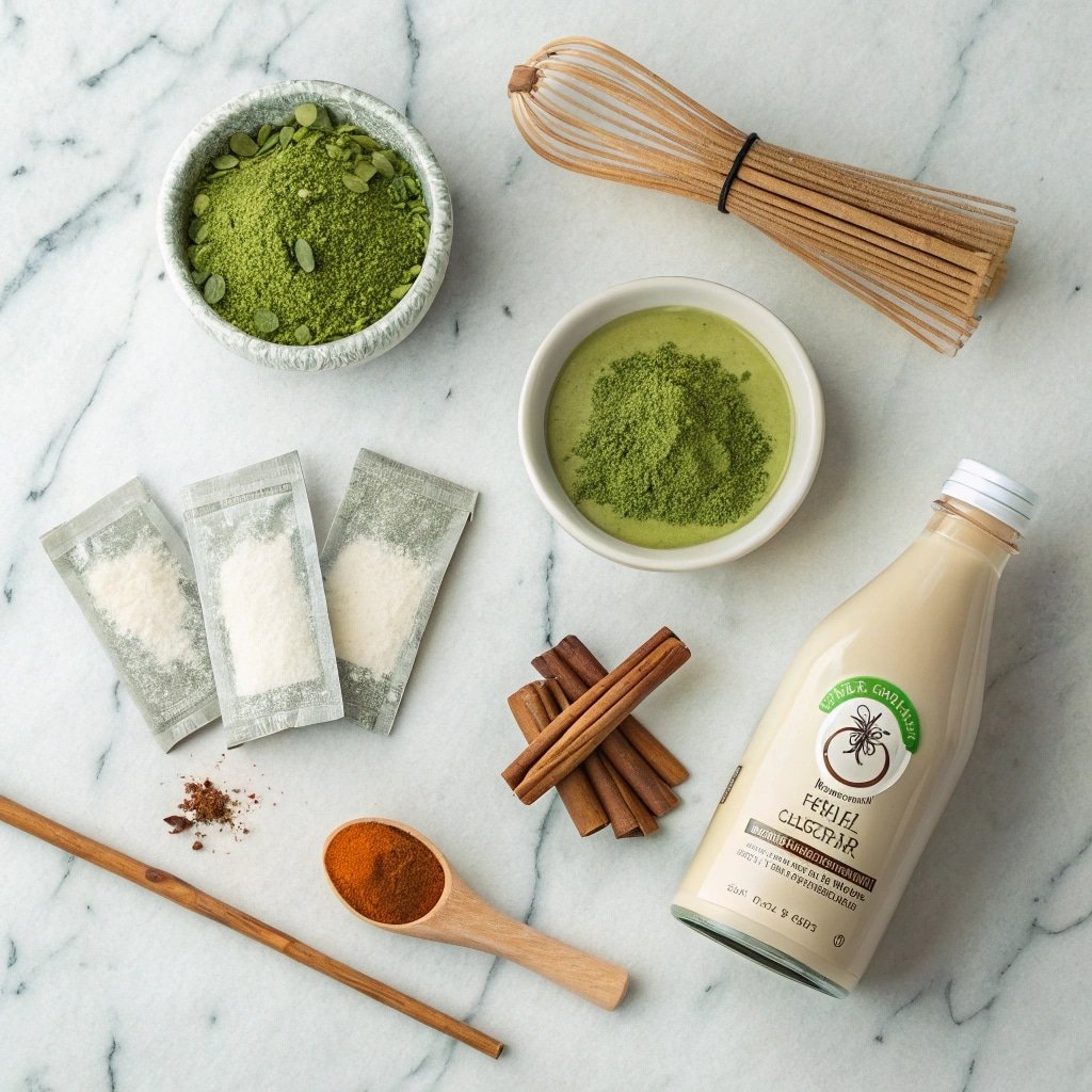 Ingredients for matcha green tea chai latte recipe on marble