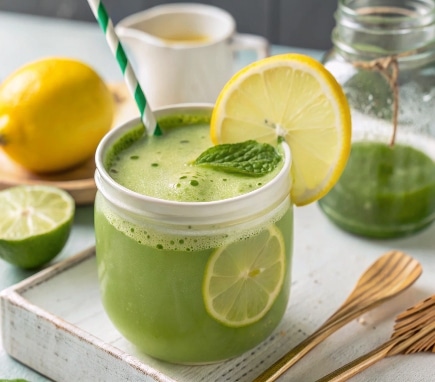 Matcha green tea with lemon in natural light