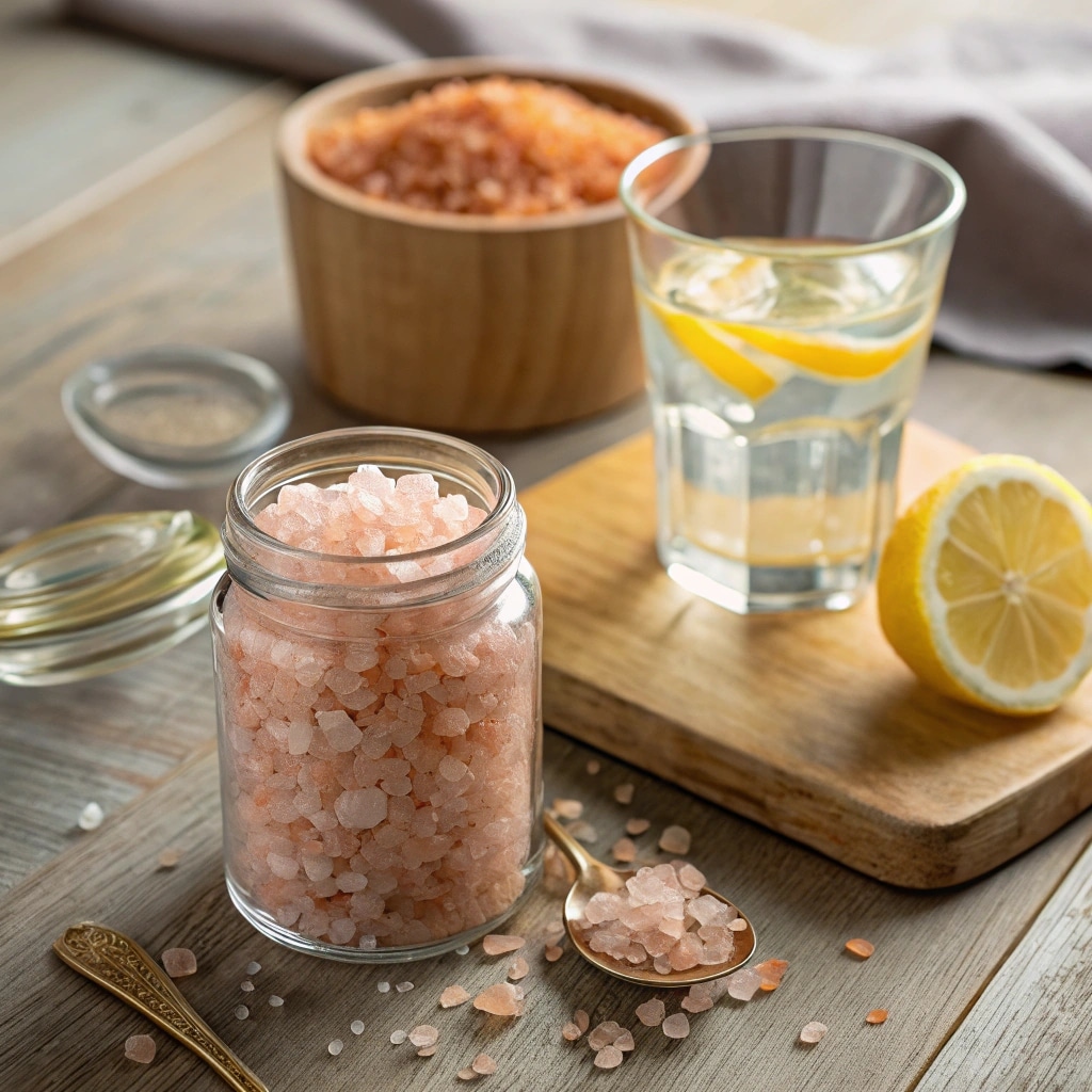 pink Himalayan salt water on kitchen table