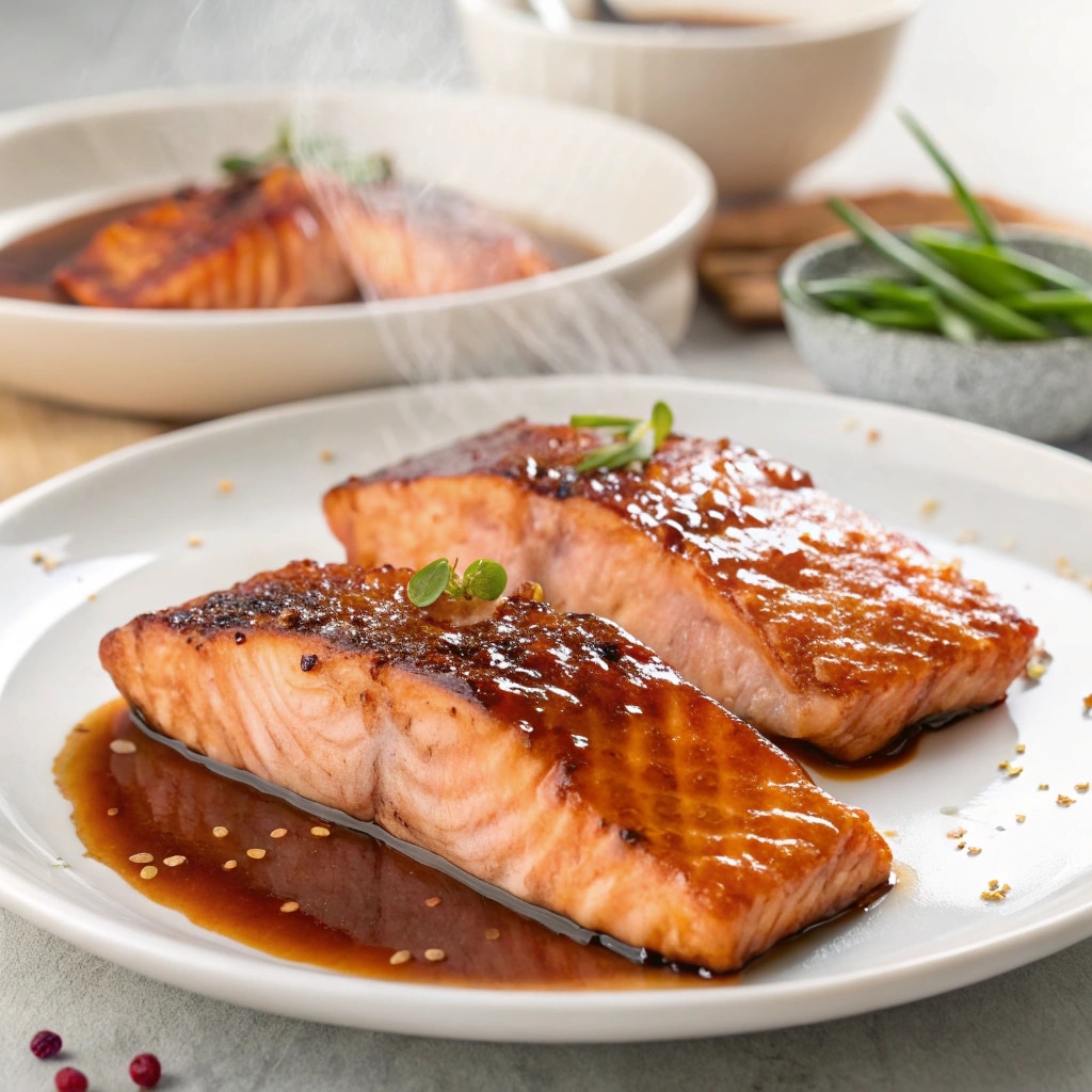 Glazed salmon with brown sugar and soy sauce on a plate
