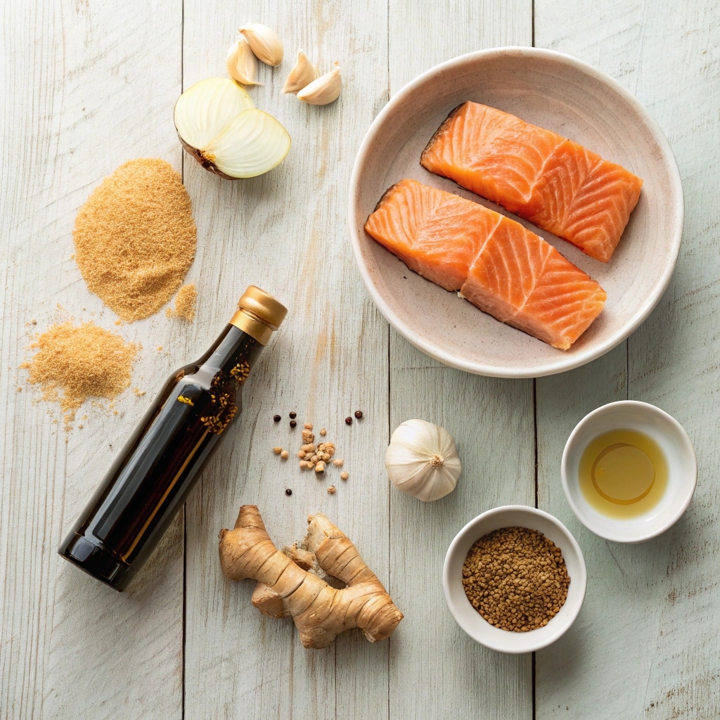 Flat lay of salmon, brown sugar, soy sauce, and other ingredients