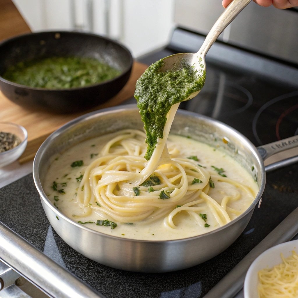 Mixing pesto into Alfredo sauce on stove