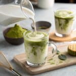 pouring almond milk into matcha latte