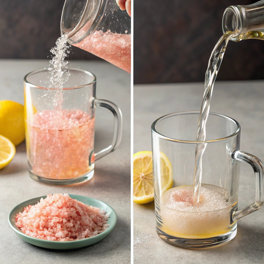 Step 1: Warm the water", "Step 2: Stir in pink salt", "Step 3: Add lemon juice