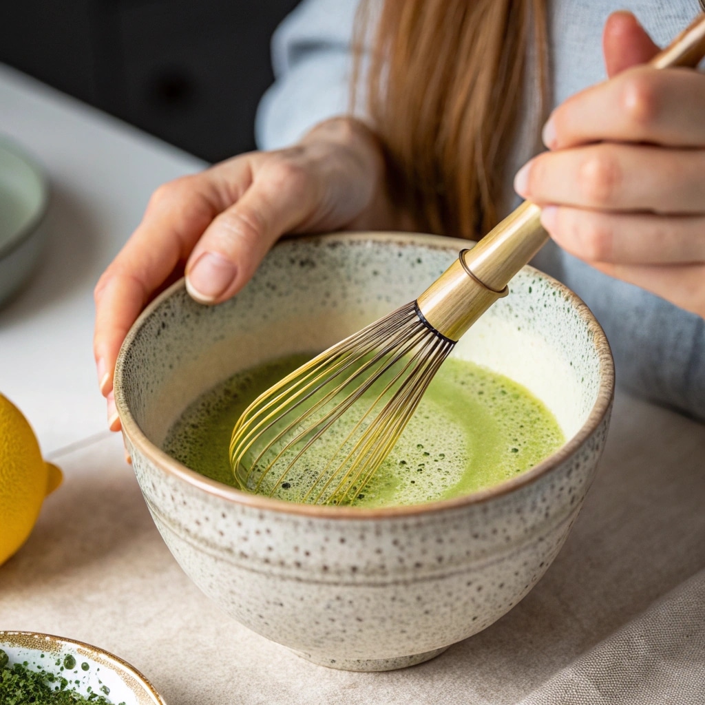 Whisking matcha for matcha green tea lemon