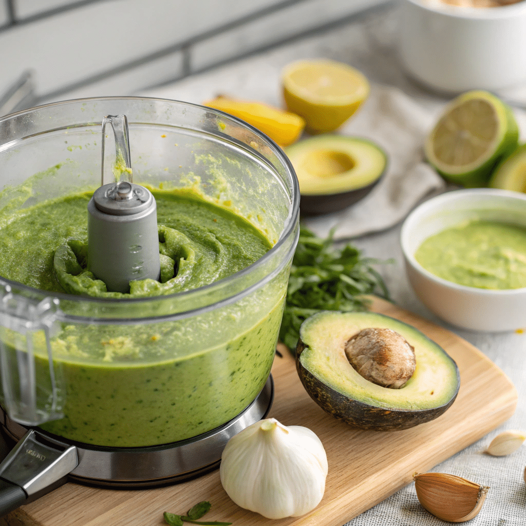 blending avocado sauce in processor