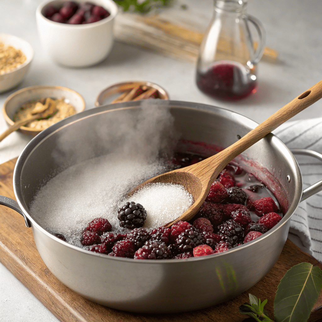 Cooking mulberries for jam