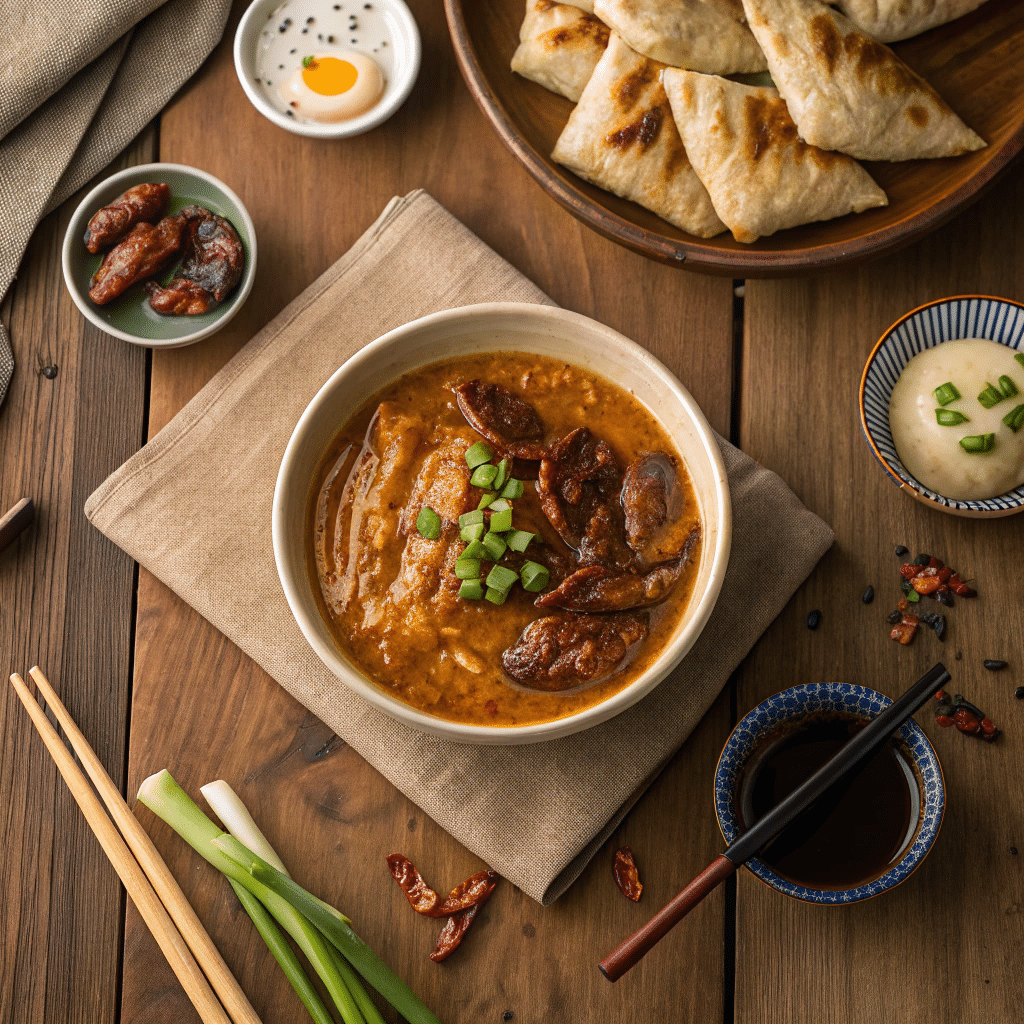 Homemade duck Chinese sauce in bowl with traditional sides