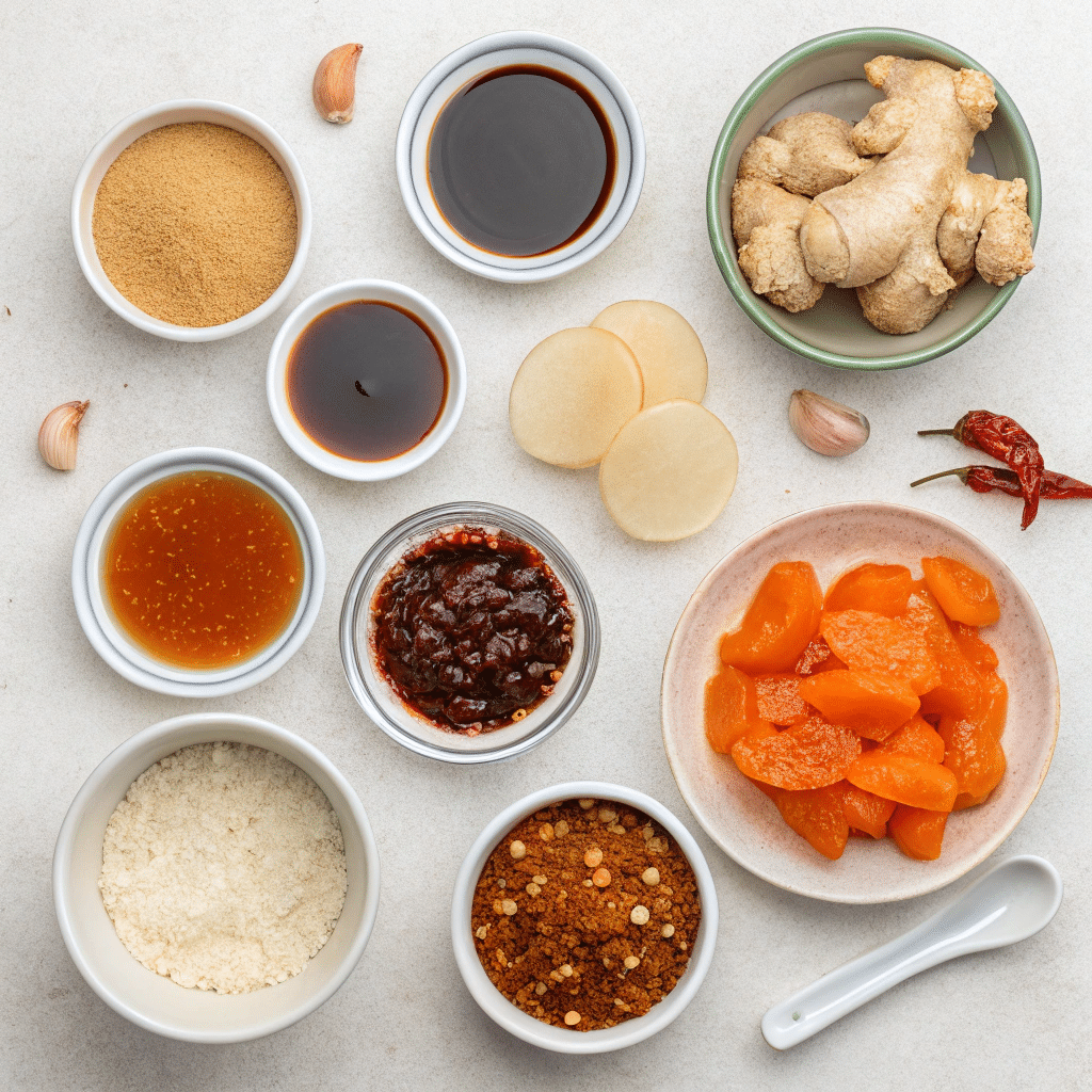 Ingredients for duck Chinese sauce laid out on table