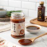 Jar of homemade duck Chinese sauce with spoon