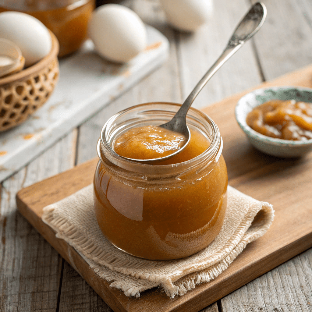 Egg jam recipe in a jar on rustic table