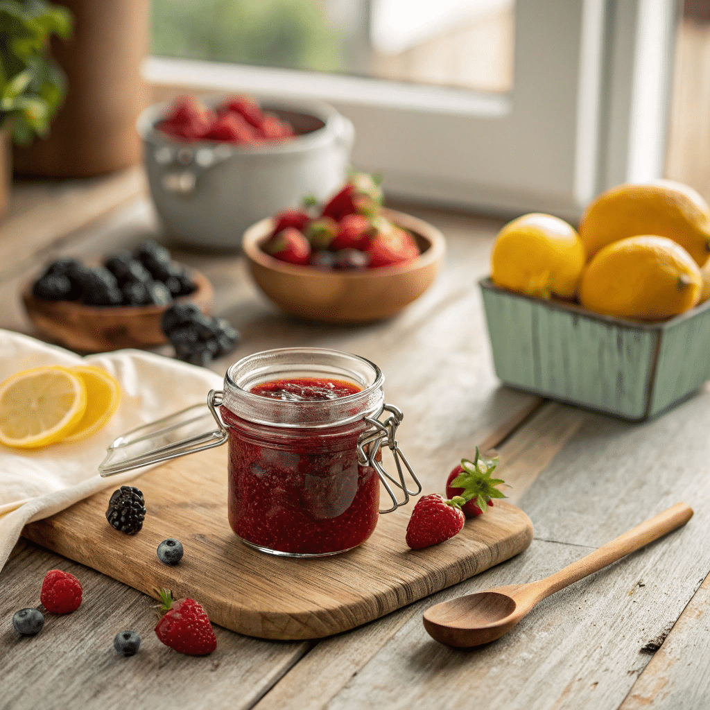 Low sugar jam in a jar with fresh berries on a rustic table