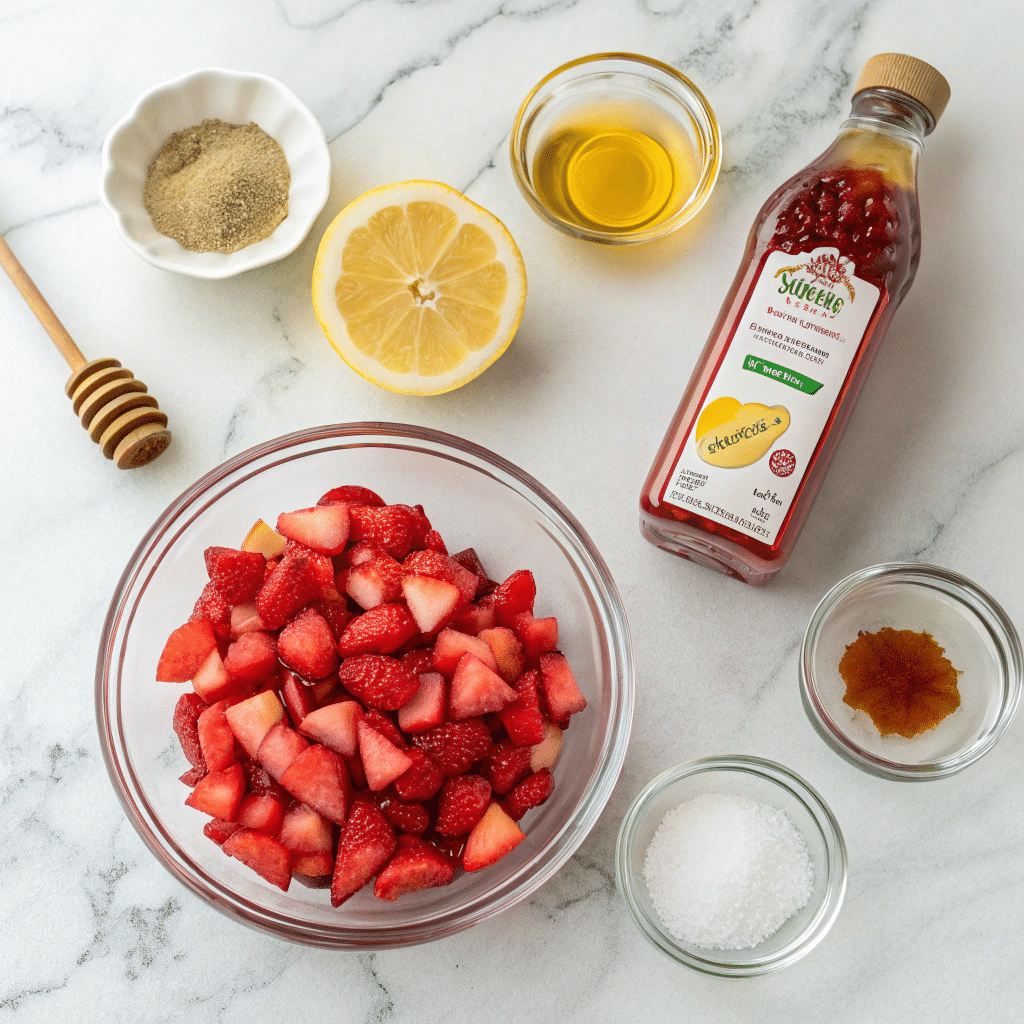 Low sugar jam recipe ingredients on a marble counter