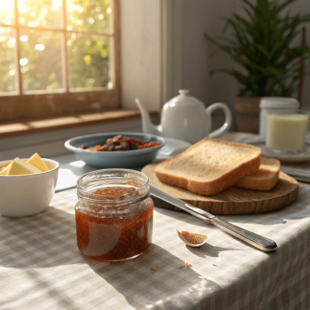 Serving low sugar jam on toast with breakfast setup