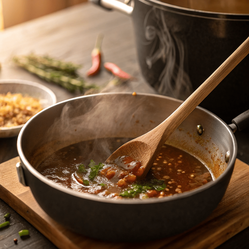 Making duck sauce in saucepan for egg rolls
