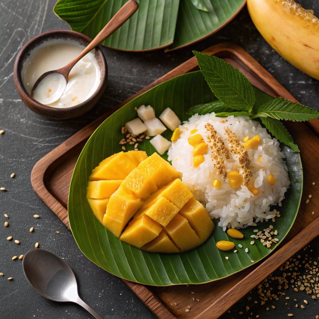 Mango sticky rice with condensed milk on banana leaf