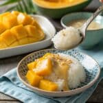 Serving mango sticky rice with condensed milk