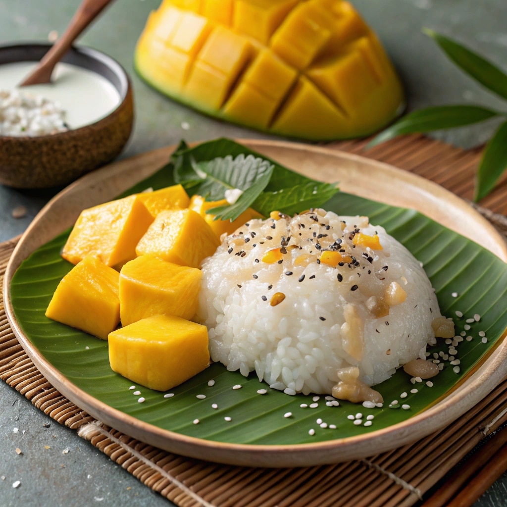 mango sticky rice served on plate