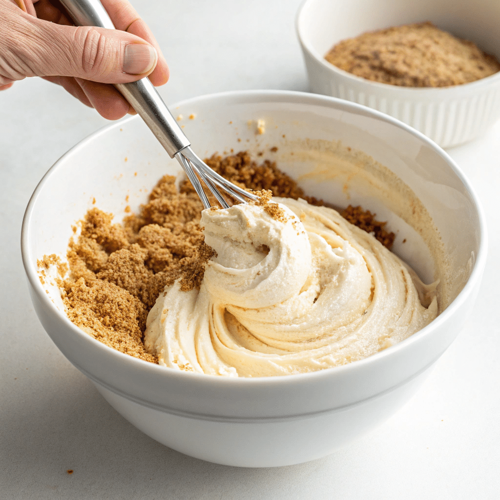 Mixing cream cheese with sugar and vanilla for apple dip