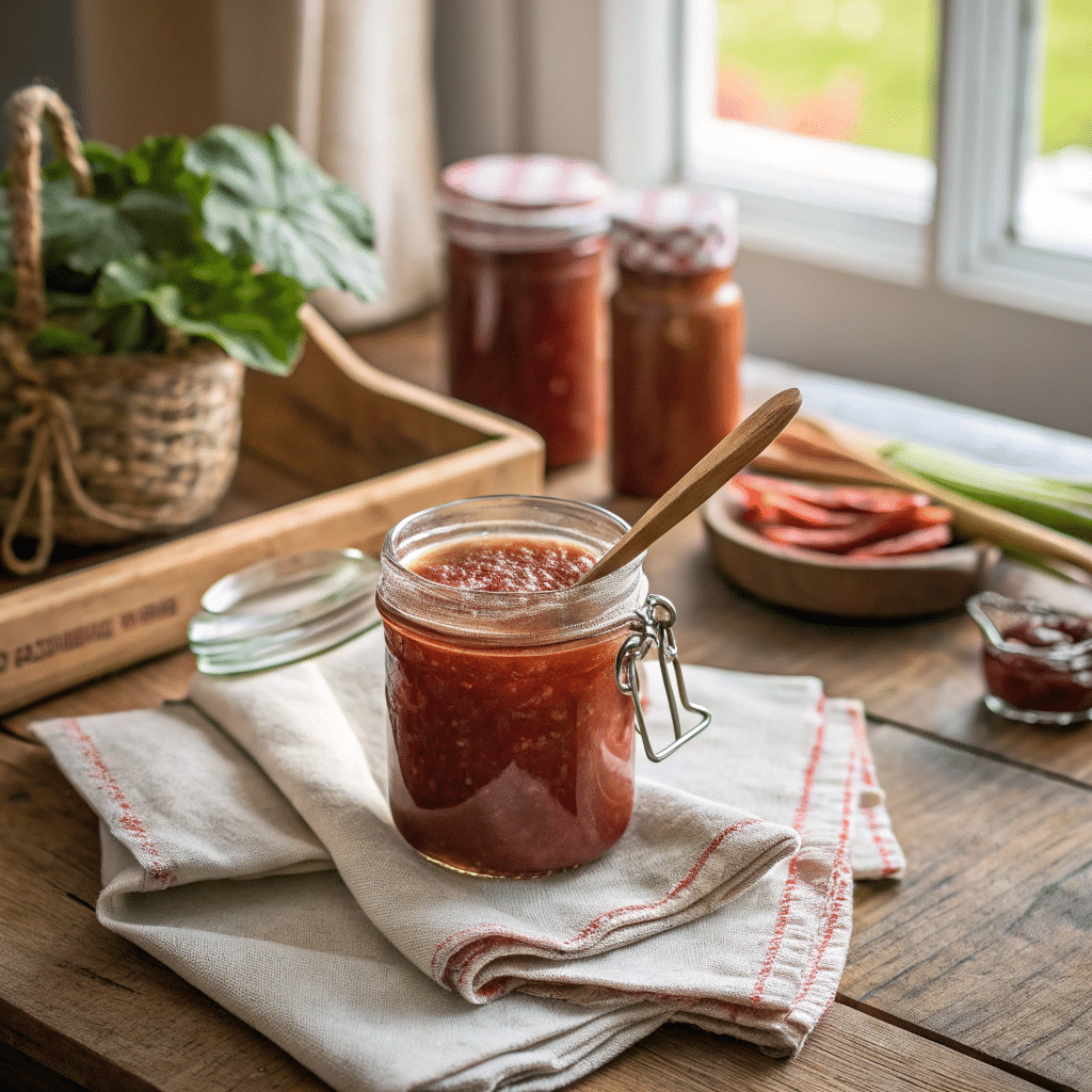Old fashioned rhubarb jam recipe in rustic jar
