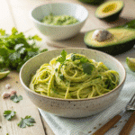 pasta mit avocado sauce in a bowl with herbs