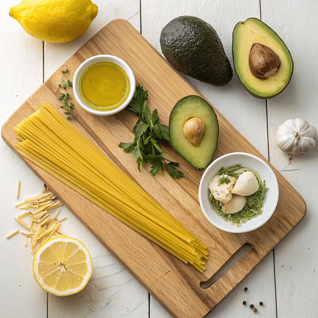 ingredients for pasta mit avocado sauce