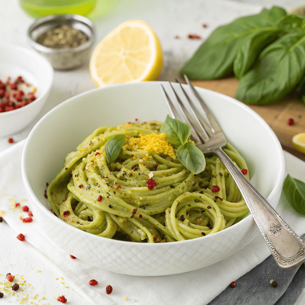 avocado pasta recipe card layout