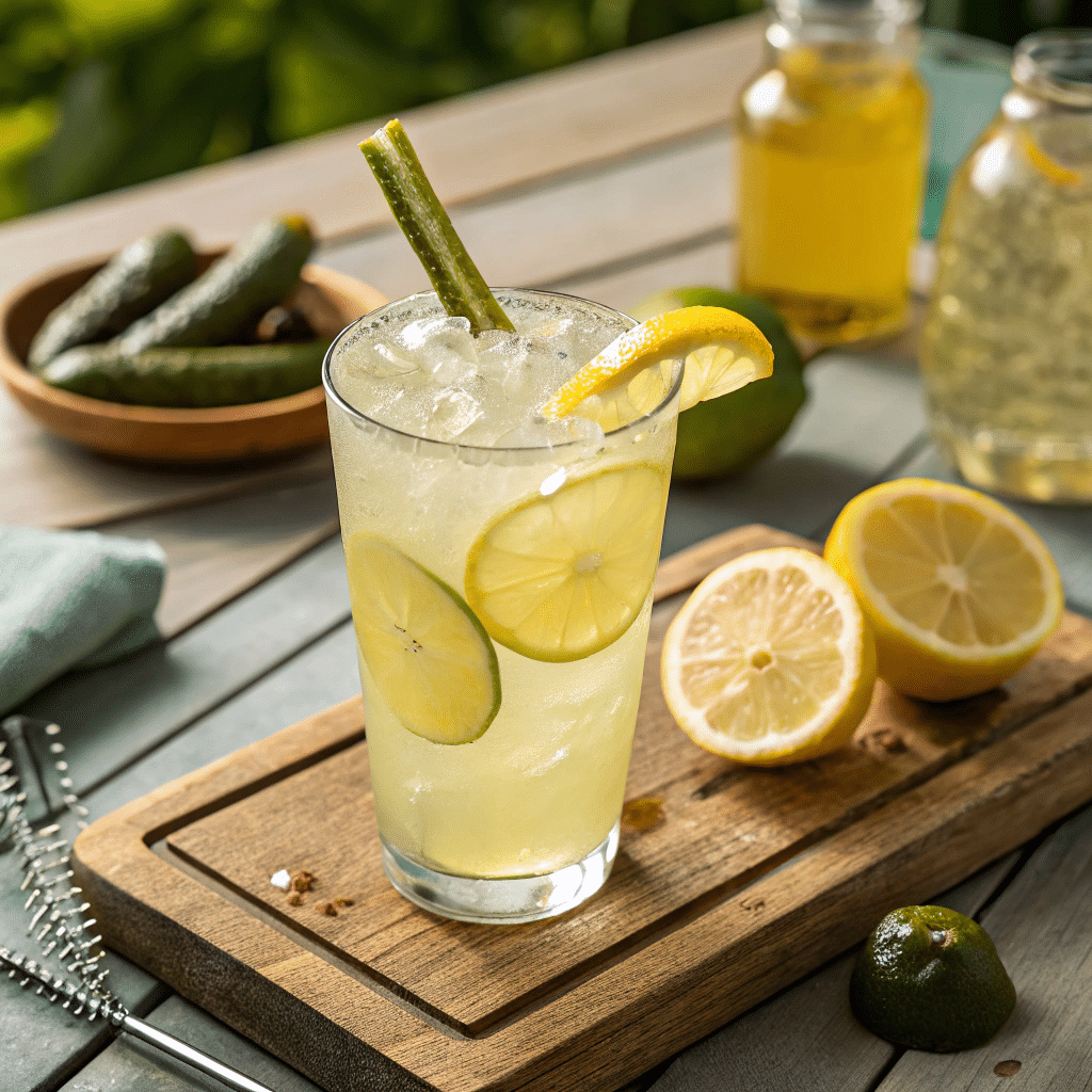 Pickle lemonade drink with lemon slices and pickle garnish