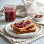 Raspberry rhubarb jam recipe card with jam jars