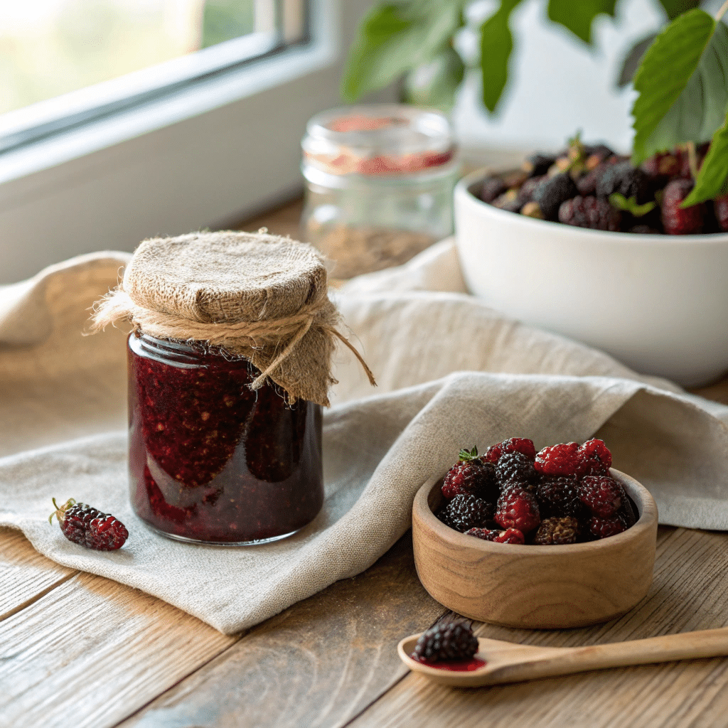 Homemade mulberry jam in a glass jar