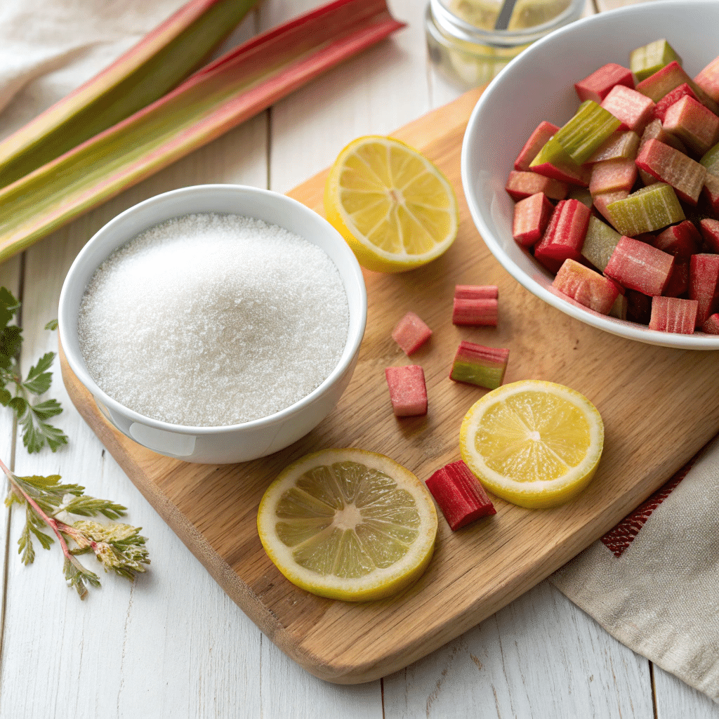 Ingredients for rhubarb jam recipe without pectin