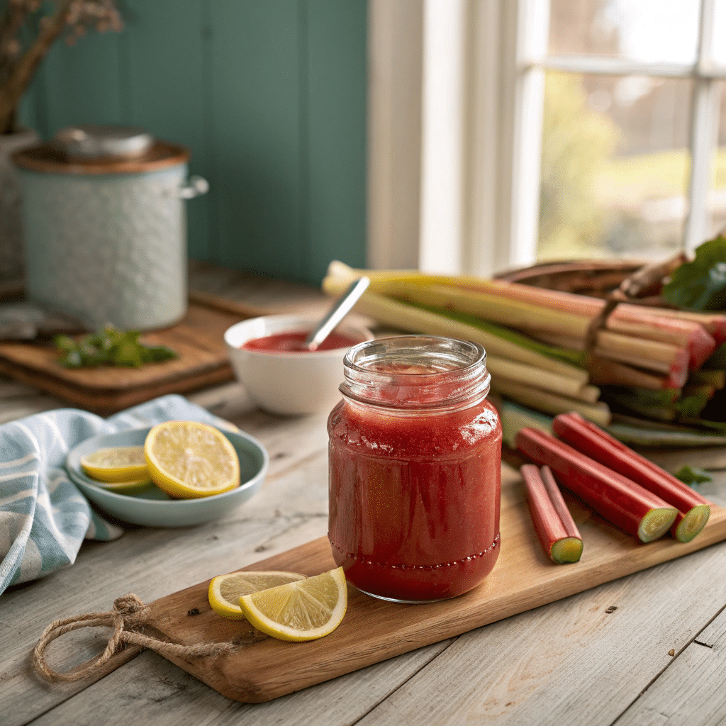 Rhubarb jam recipe without pectin in a rustic kitchen jar