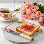 Rose petal jam with handwritten recipe tag