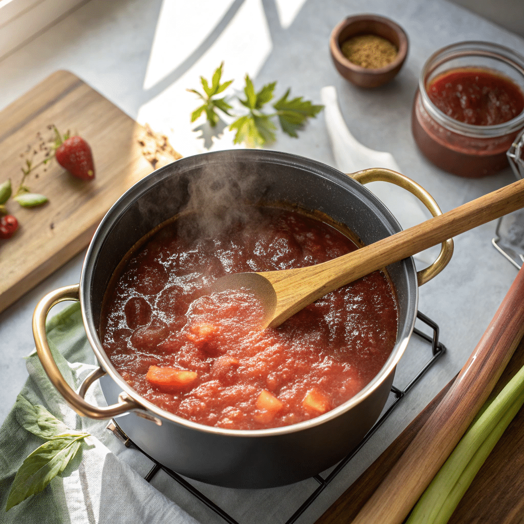 Simmering rhubarb jam without pectin in a pot