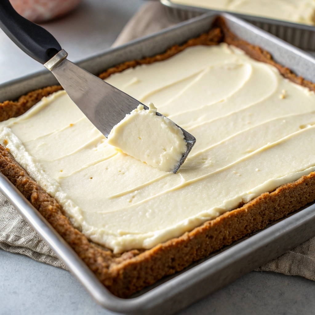 Spreading cream cheese filling on crust