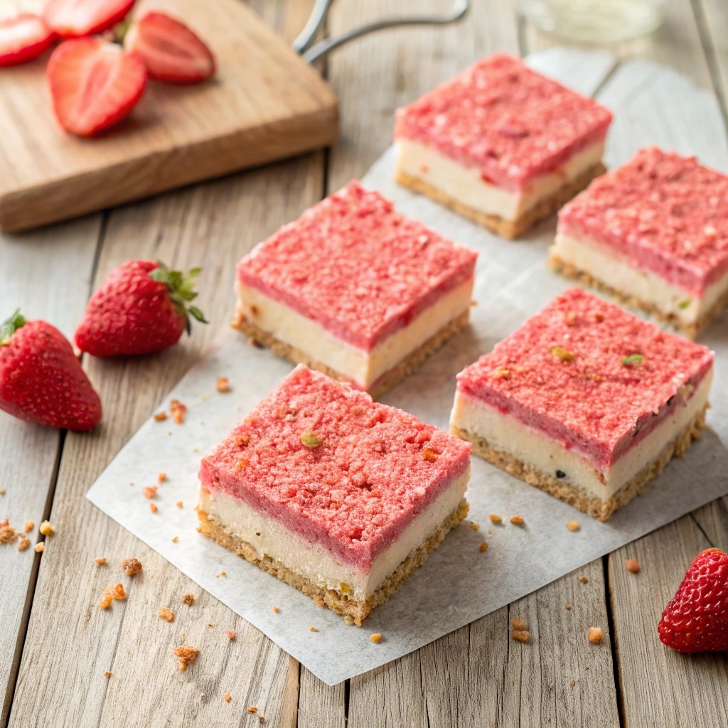 Strawberry crunch bars on a wooden table