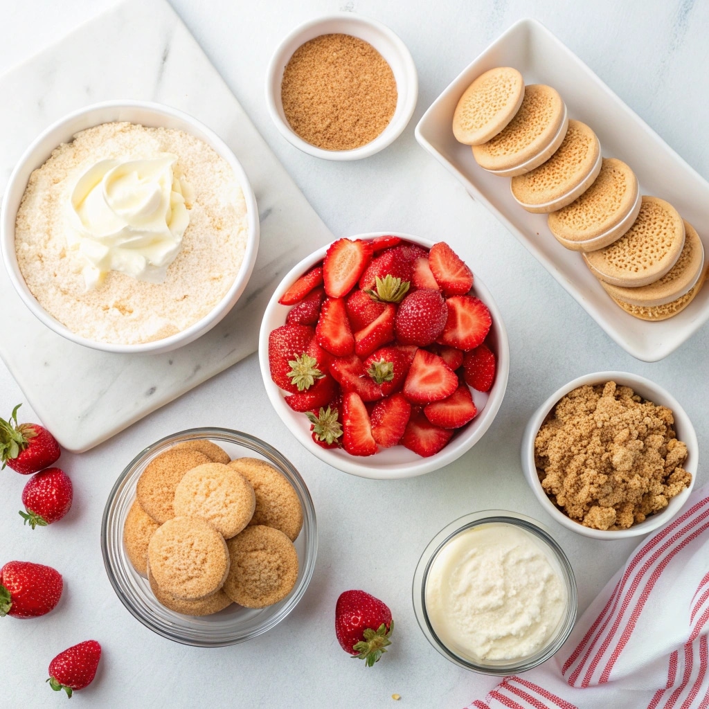 Ingredients for strawberry crunch cheesecake