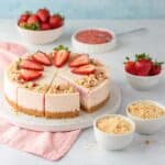 Recipe card image of strawberry crunch cheesecake