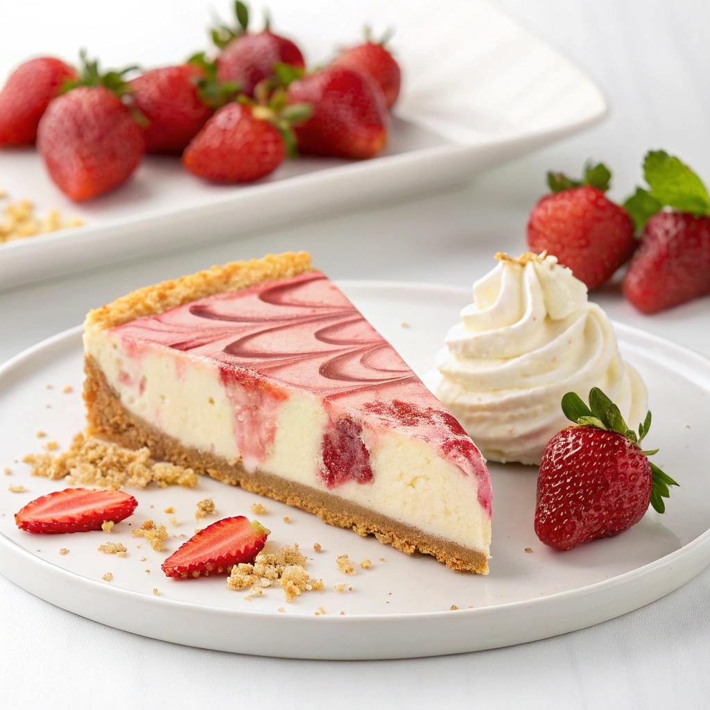 Slice of strawberry crunch cheesecake served with whipped cream