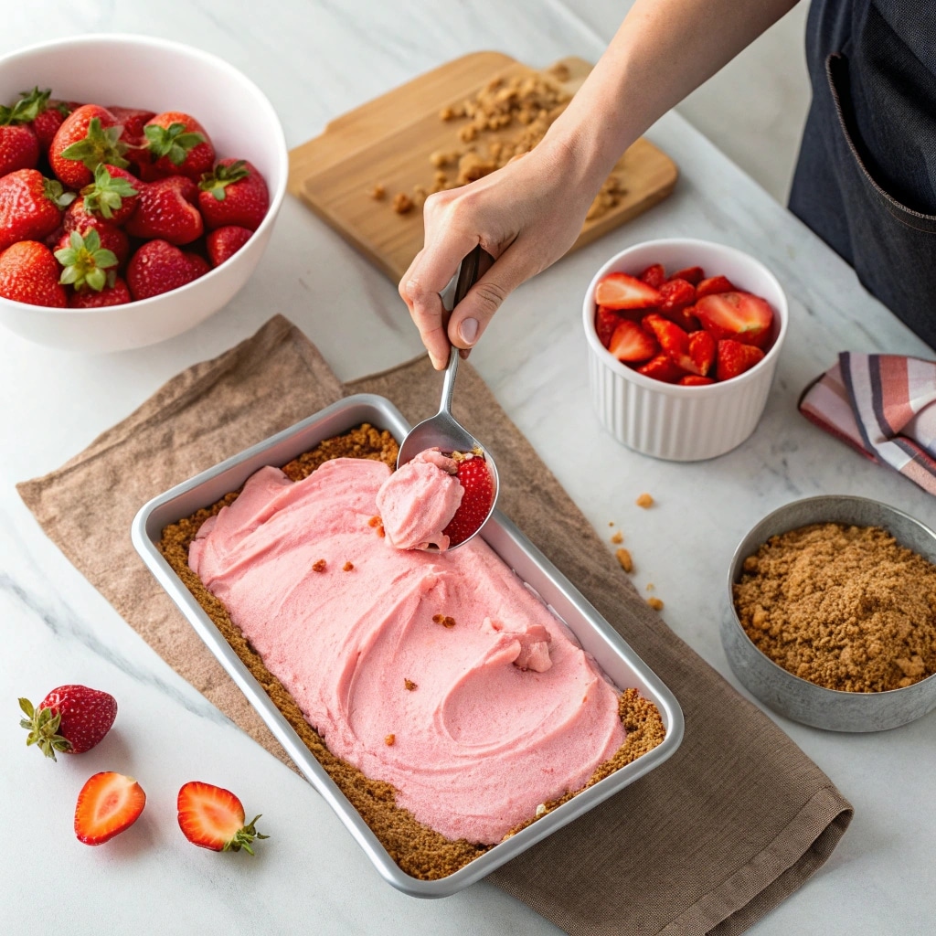 Spreading strawberry ice cream over cookie crust