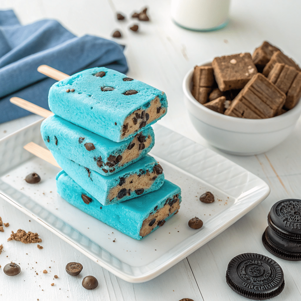 Stack of Cookie Monster ice cream bars with cookies
