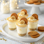 Printed recipe card beside banana pudding cheesecake cup