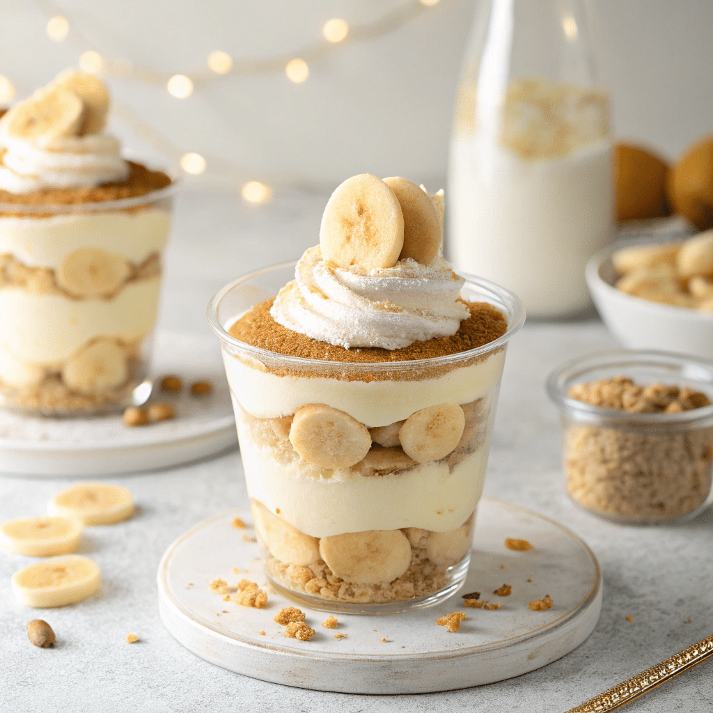 Banana pudding cheesecake cups layered with cookies and banana slices