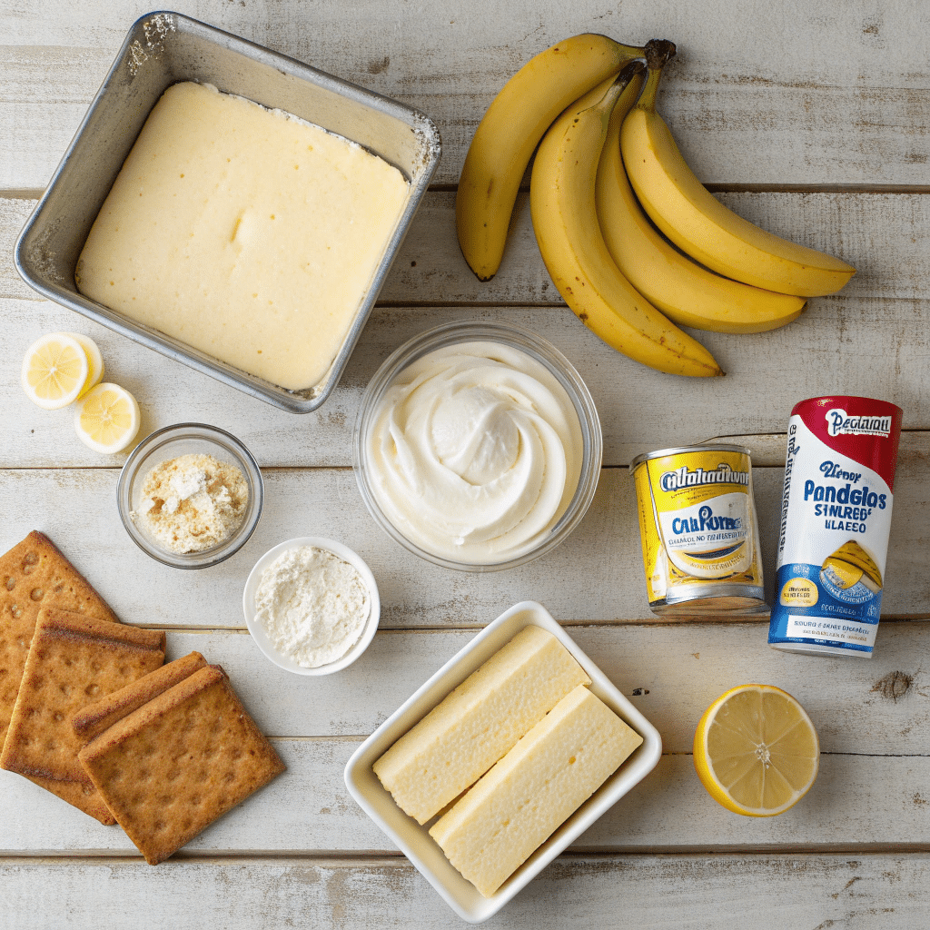 Ingredients for banana pudding cheesecake cups on a wooden board