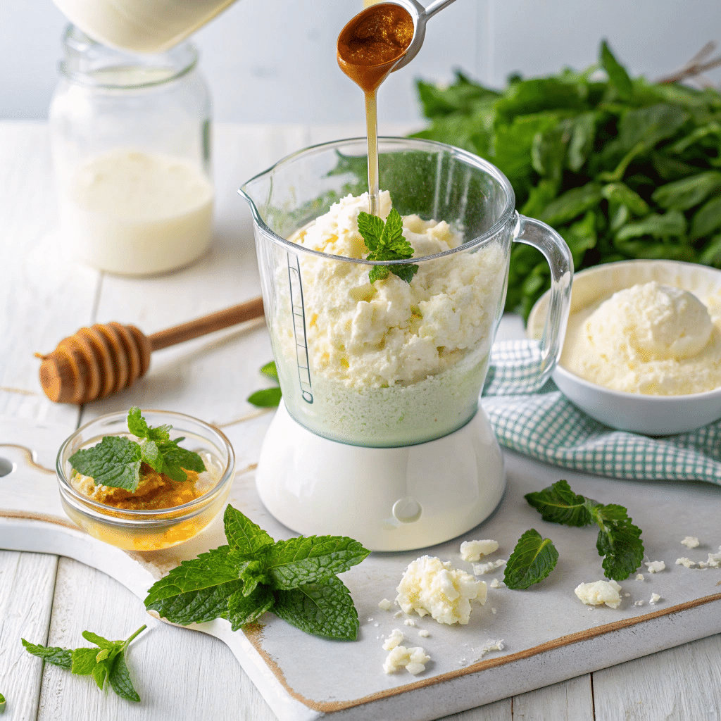 Blending cottage cheese mint ice cream ingredients